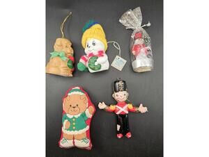 ​5pc Vtg Christmas Ornament LOT Snow Bells, Pug Dog, White Barn Candle, Soldier